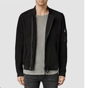 AllSaints Black Suede Sheep Leather Bomber Jacket Mens Crescent Style  XS 36‎